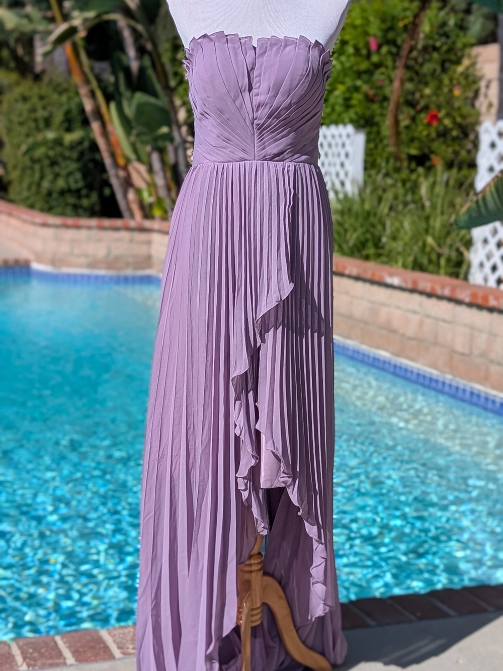 Strapless Pleated Lavender High-Low Maxi Dress